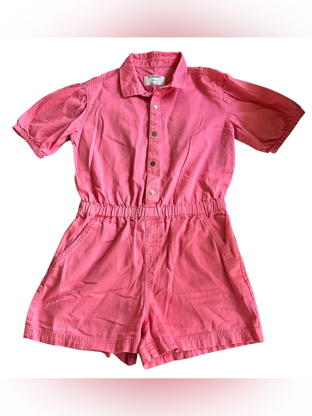 Old Navy Girls Pink Puff Sleeve Button Front Romper XL (14-16) EUC